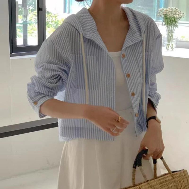 Women's Hooded Shirt Single Breasted Striped Sun Protection Cardigan Top
