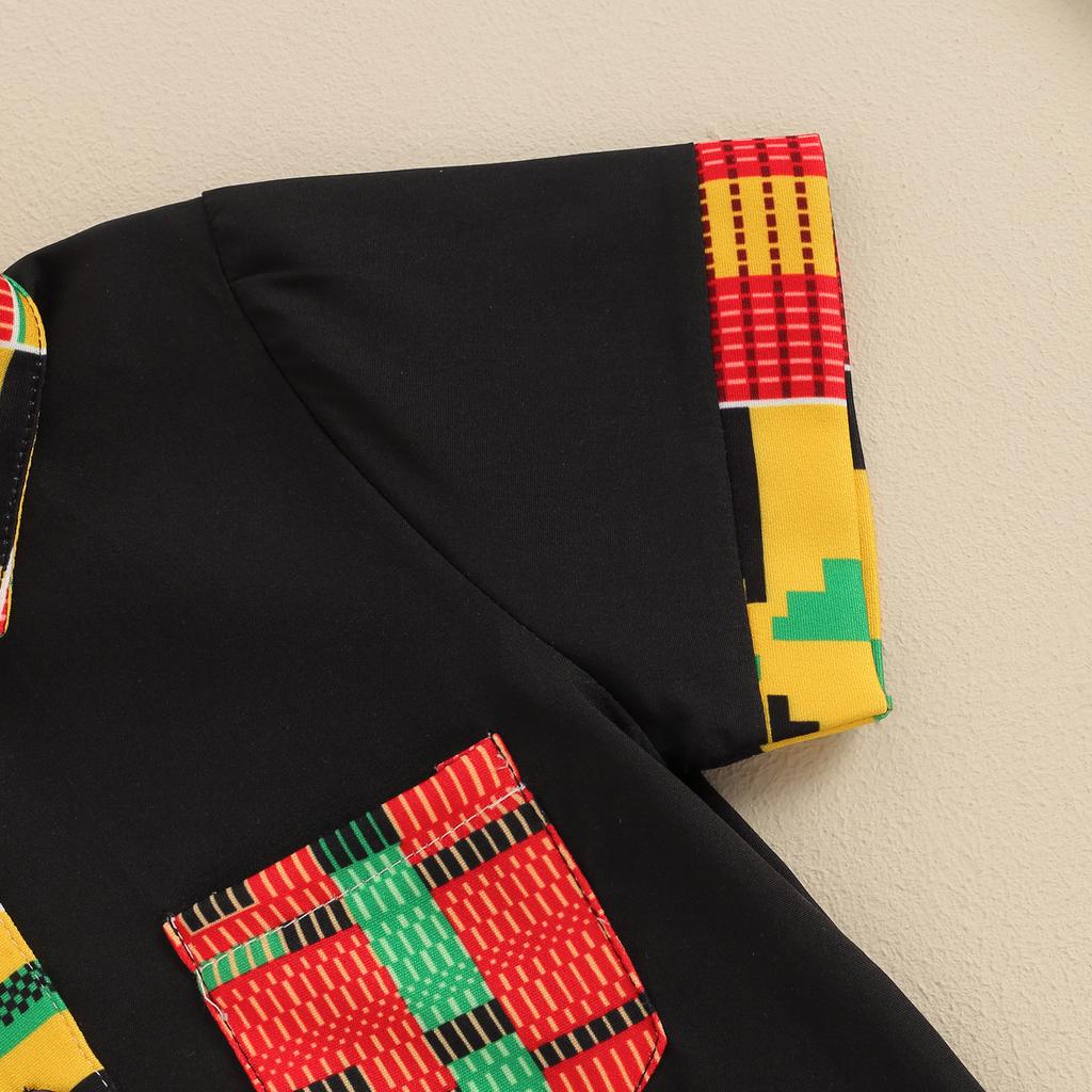 Boys Summer 2PCS Shorts Sets Short Sleeve Geometric Pattern Print Button Up Tops Shorts Sets