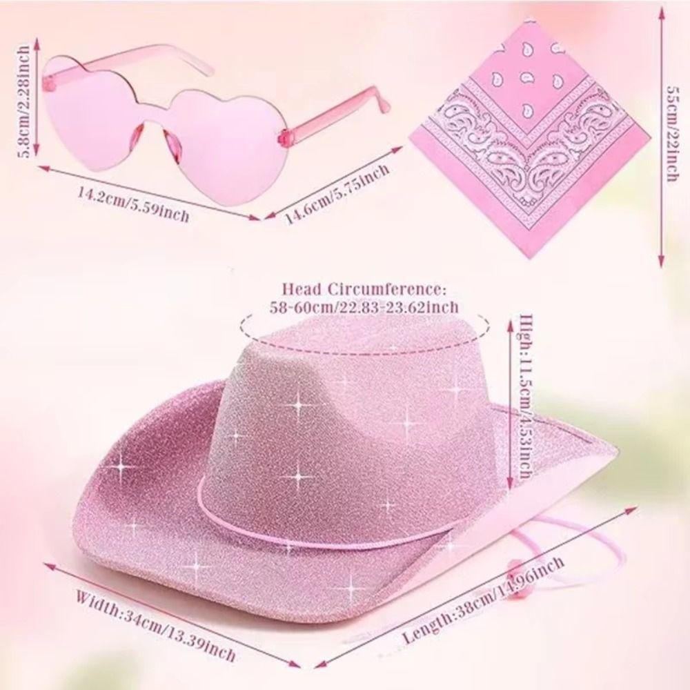 3pcs/Set Wide Brim Sparkling Powder Denim Hat Bandana Pink Cowboy Hat  Costume Party