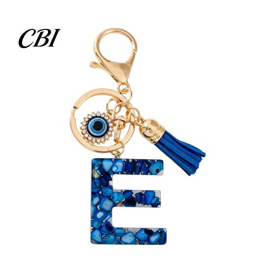 Portable Key Organizer Blue Series Keychain Pendant, Initial Letter Charm Chain with Eyes Tassel Design, A-Z Holder for Bags Backpacks Cars