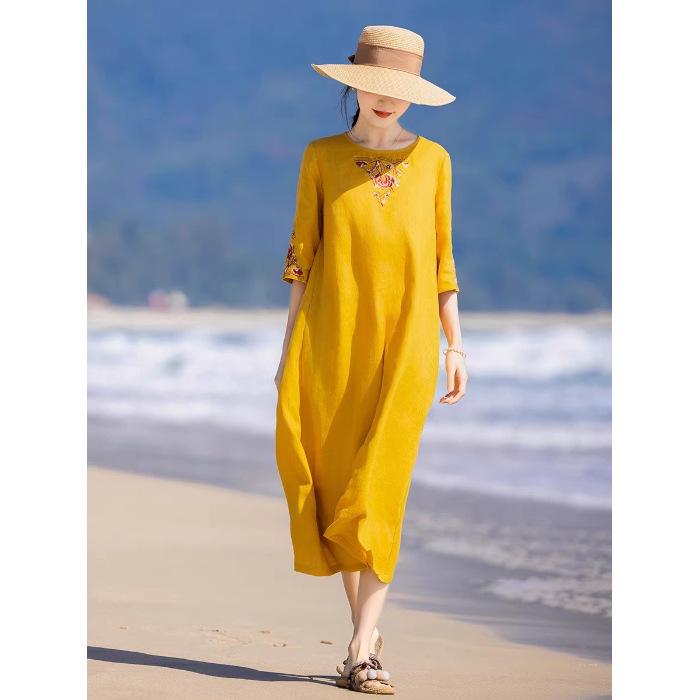 Ретро вышитое хлопково-льняное платье-ципао большого размера M жёлтый