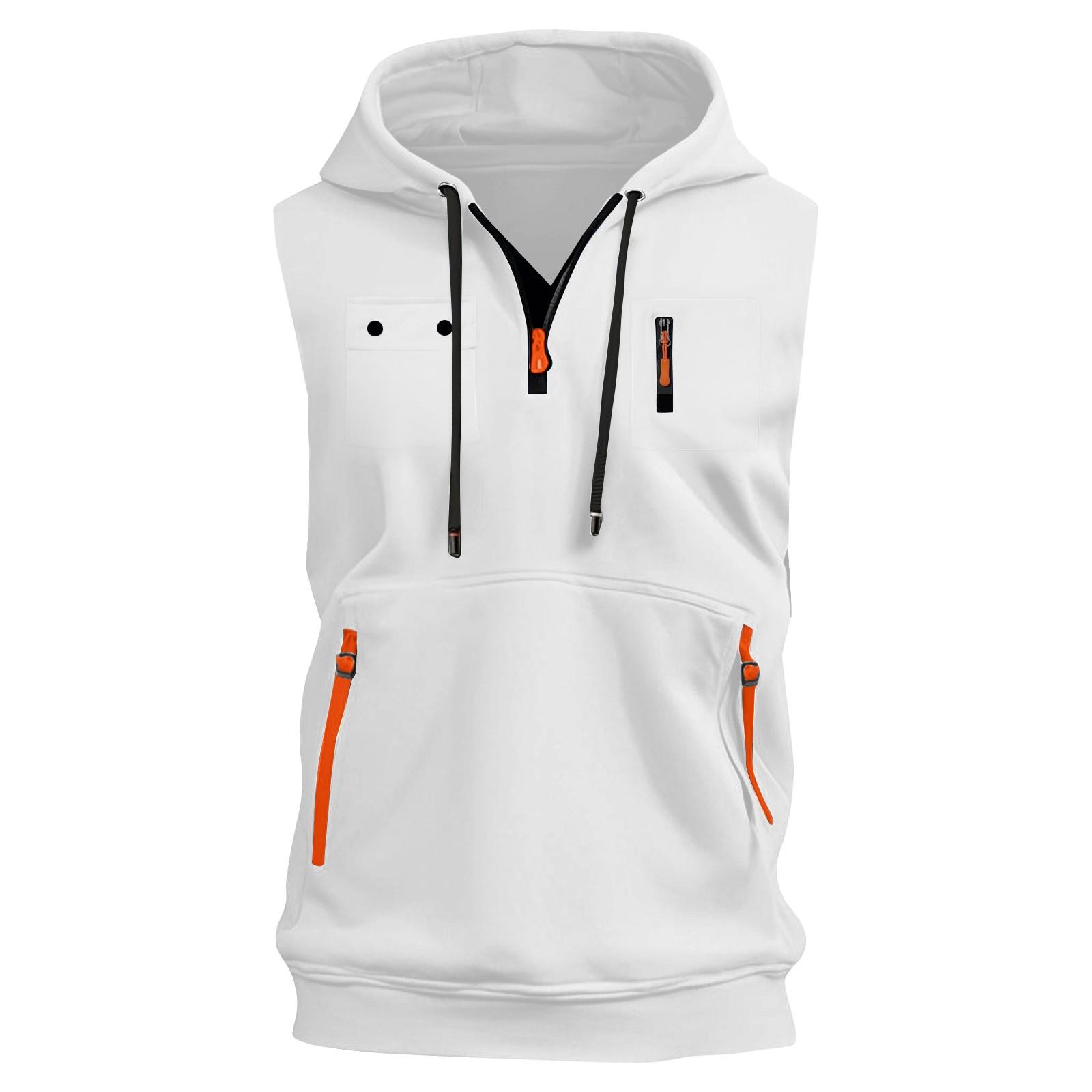 

Мужской летний жилет с карманом на молнии, коротким рукавом и капюшоном, мужские спортивные повседневные топы большого размера XL белый