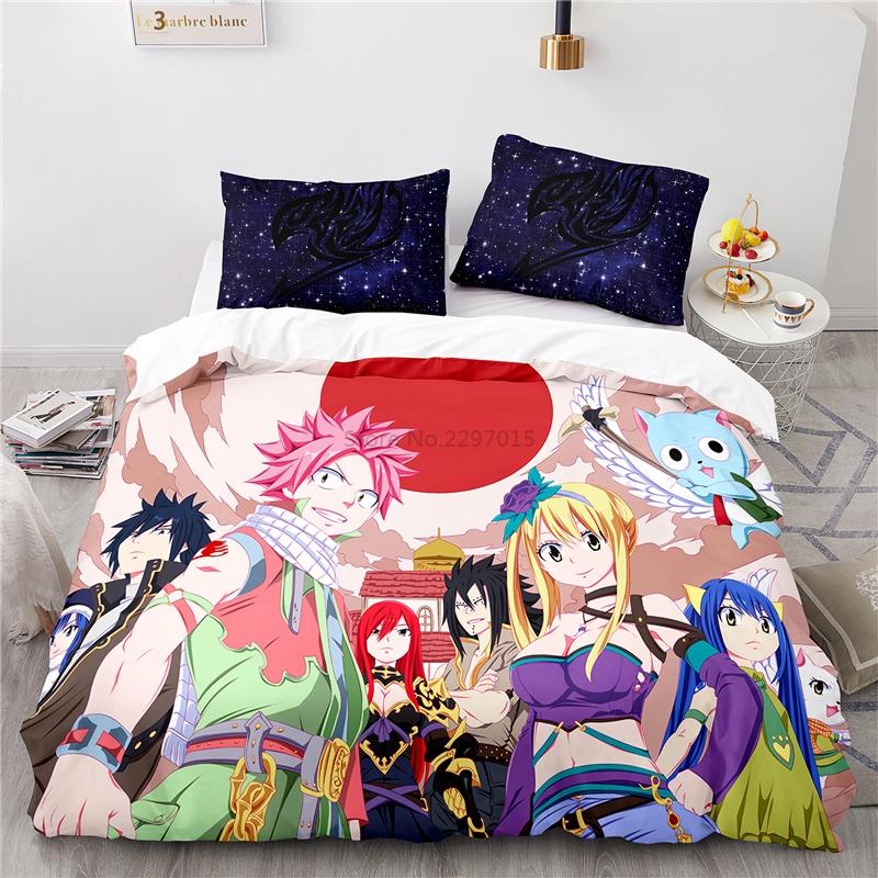 Popularne Anime Fairy Tail Zestaw Pościeli z Nadrukiem 3D Lucy Gray Fullbuster Etherious Nadrukowany Zestaw Poszwy na Kołdrę z Poszewką na Poduszkę