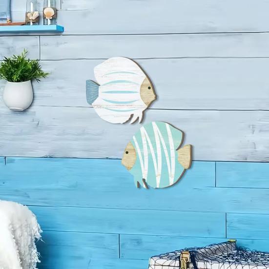 2 Pcs Wood Fish Beach Wall Art Wooden School of Fish Wall Decor Nautical Coastal Theme Wall Hanging Ornament for Bathroom Lake House