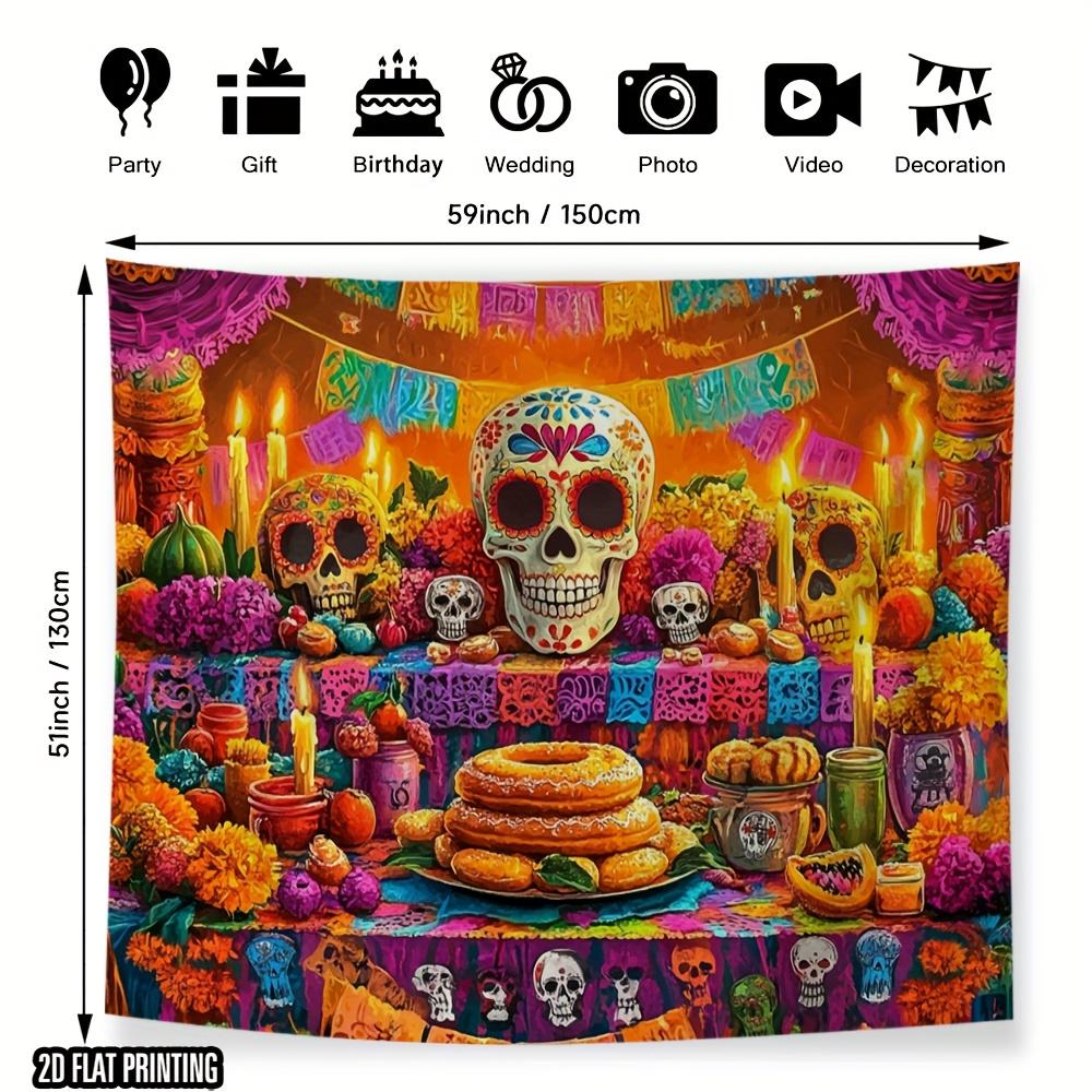 1pc Day of the Dead Photography Background Vivid Sugar Skeletons and Marigold Designs Durable Event and Party Banners