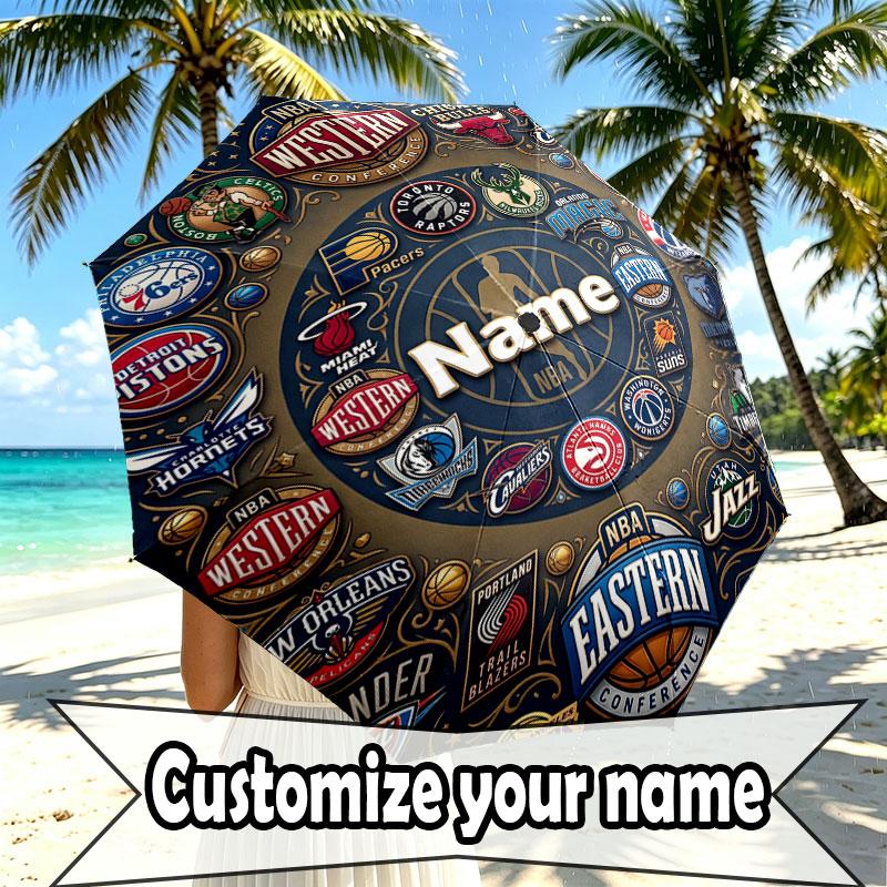 Custom Name Personalized Basketball NBA Print Umbrella, Auto Open Close, 8‑Rib Sturdy Frame, Commute Camping Hiking Use, Birthday Gift