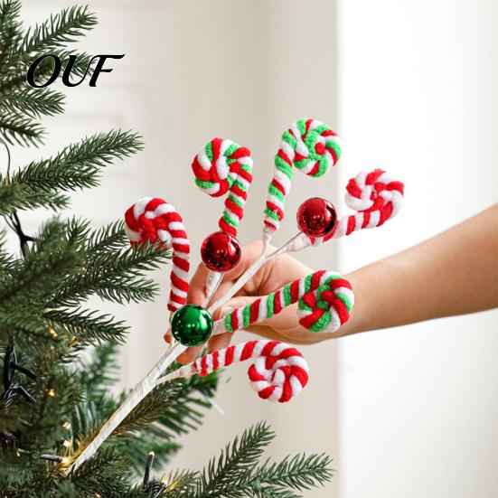 Festival Candy Cane Branch Christmas Pick, Red White Green Plush Stem, Festive Decor for Vase Filler, Wreath, Xmas Tree Decoration Filler