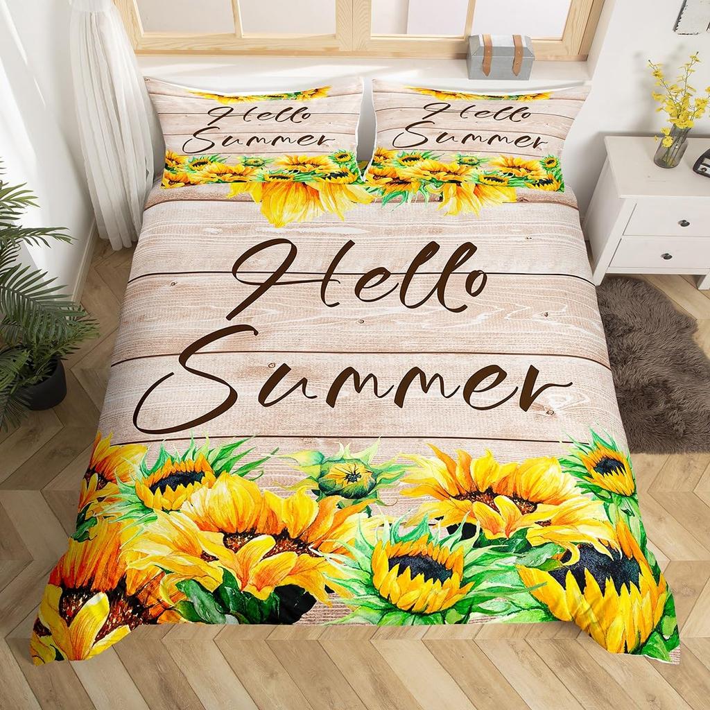 Hello Summer Comforter Cover Yellow Sunflower Bed Set,Farmhouse Duvet Cover Brown Stripe Old Wood Door Green Leaves Bedding Sets
