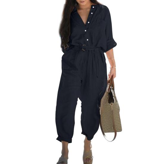 V-neck Buttons Closure Belt Women Jumpsuit Women Casual 3/4 Sleeve Solid Color Cargo Jumpsuit Ladies Outfit