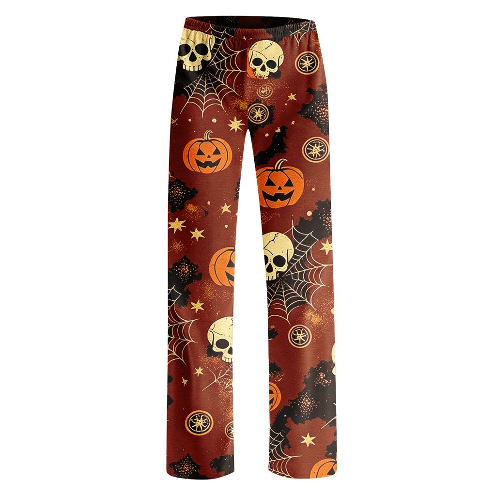 Adult Halloween Print Loose Fit Pajama Pants with Elastic Waist No Drawstring