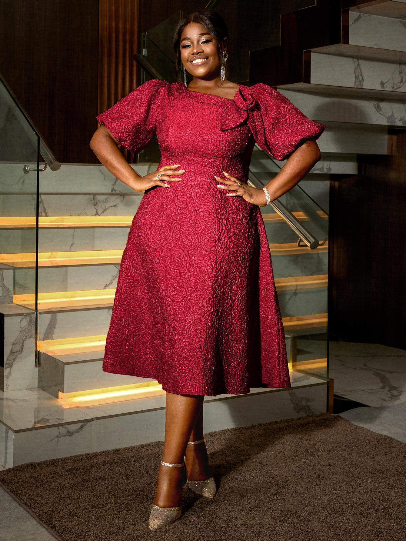 

AOMEI жаккардовые платья миди А-силуэта с неровным вырезом и 3D-цветком для женщин с рукавами-фонариками, вечерние платья для мероприятий 2XL