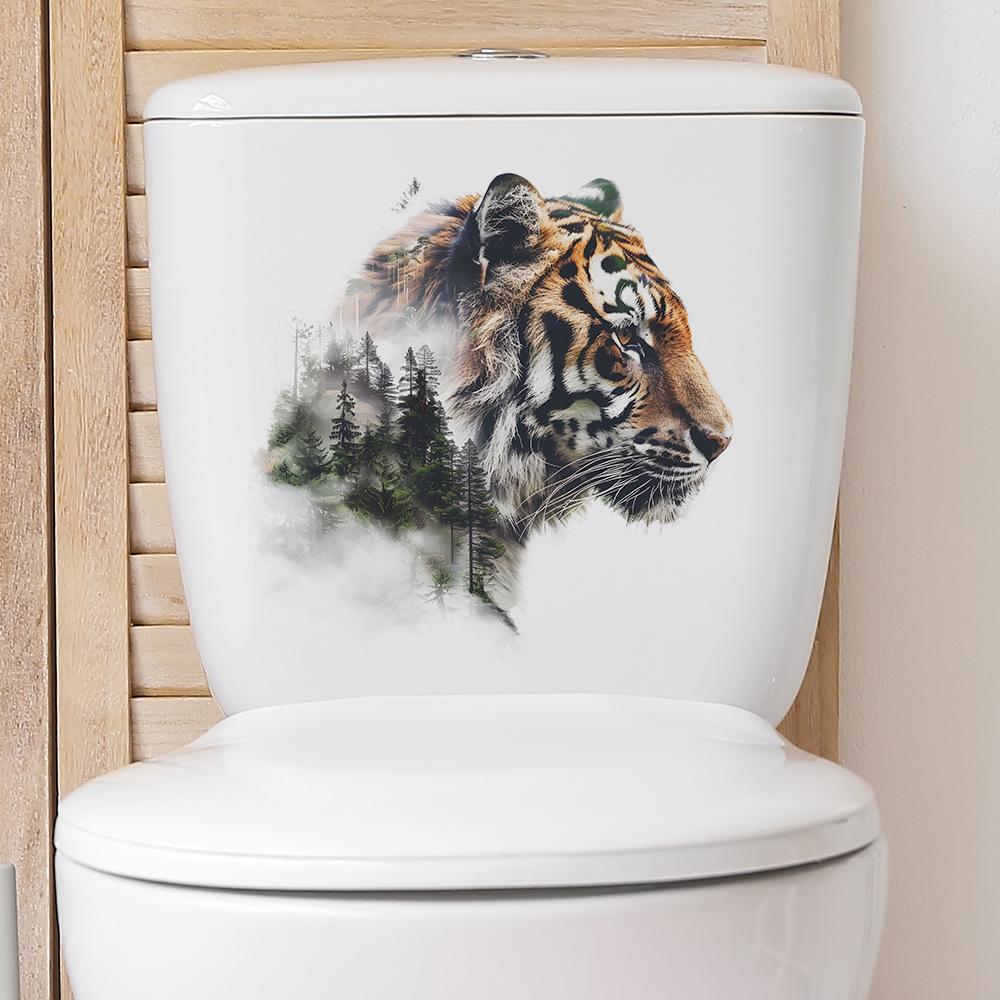 Playful Tiger and Forest Silhouette Wall Sticker Waterproof Self-Adhesive Removable Decal for Bathroom WC Home Decor