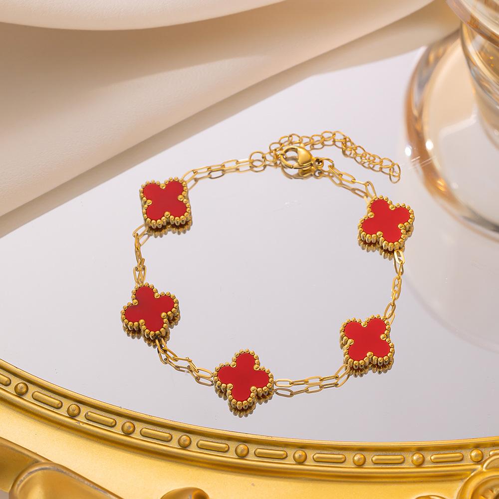 Light Luxury Double-Sided Four-Leaf Clover Bracelet Women Lucky Flowers Hand Jewelry Titanium Steel Simple Fashion Temperament Bracelet