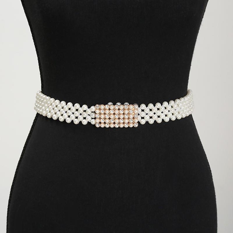 Ladies' Elastic Thin Waistband With Pearl  Waist Chain Simple Korean Style Drawstring Belt Women Apparel Accessories