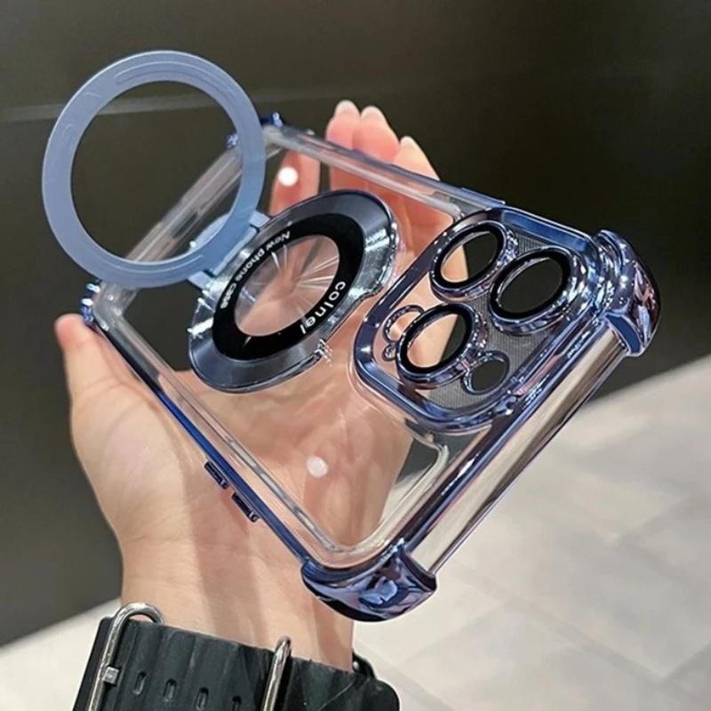 Luxury Shockproof Magsafe Clear Phone Case For iPhone 11 12 13 14 15 16 17 Pro Max Plus Magnetic With Holder Stand Bracket Cover