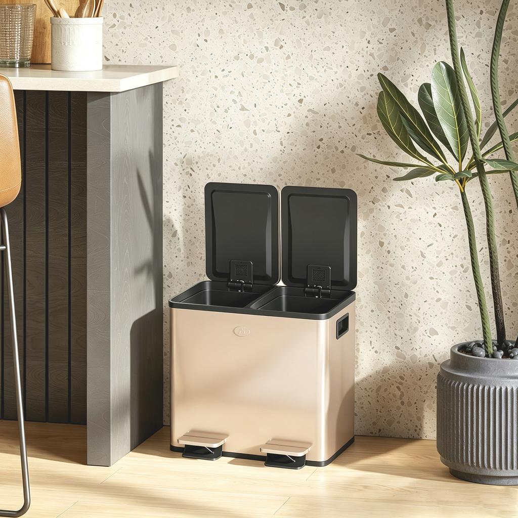 30L Dual Compartment Stainless Steel Bin, with Deodoriser Holders - Gold Tone