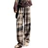 Vincent House Checkered Long Loose One Size Fits All Women's Pants, Fleece-Lined, Fit, Slimming, Stylish, Casual, Spring, Autumn, Winter, Coffee,