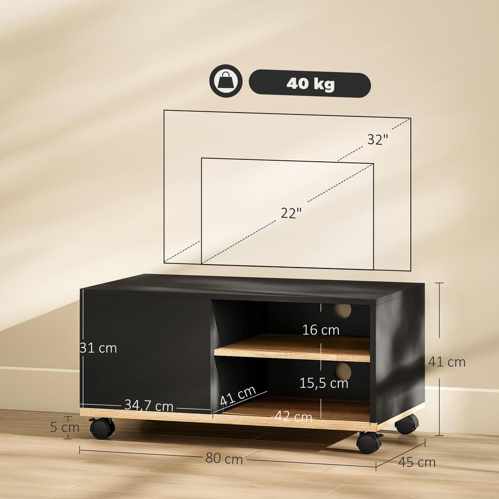 TV Stand On Casters with Brakes, TV Cabinet with Cupboard and Adjustable Shelf, Black and Oak