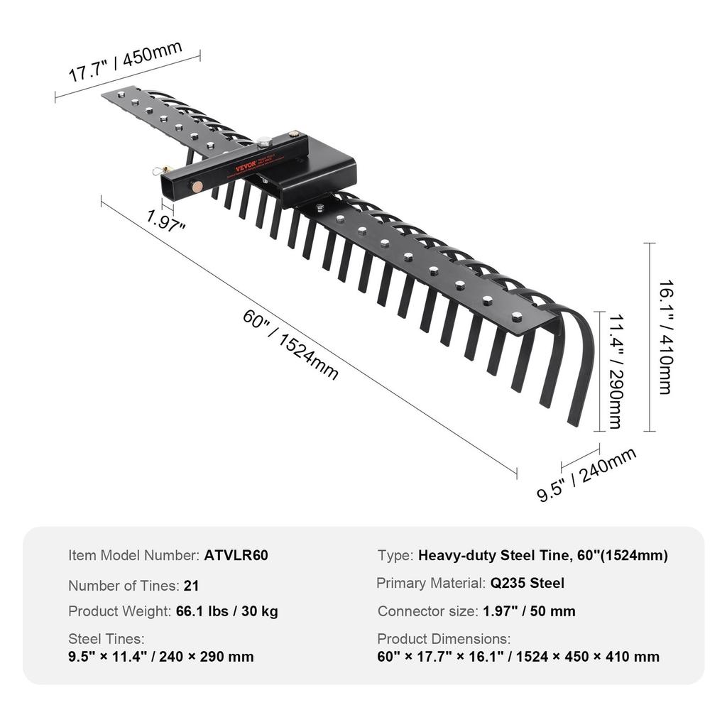 Tow Behind Landscape Rake 60" Lawn Dethatcher Rake with 21 Steel Tines