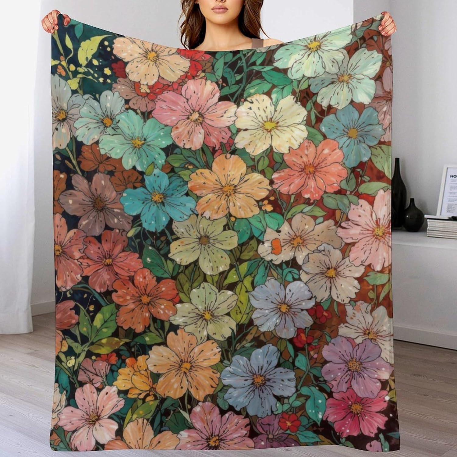 Colorful Floral Throw Blanket, Watercolor Wildflowers Fuzzy Blanket, Ultra Soft Cozy Flannel Throw Blankets Lightweight Fleece 75X95CM
