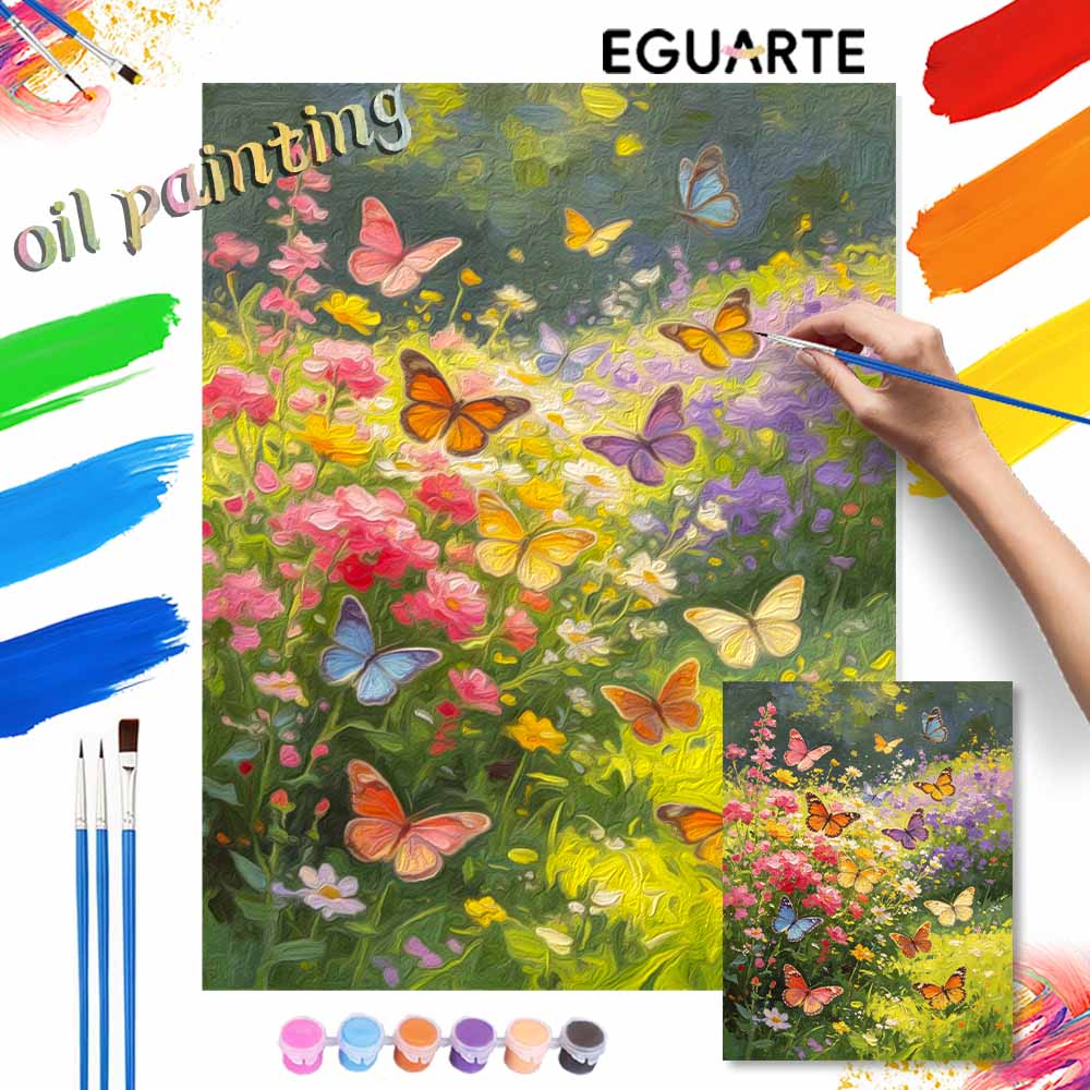 Oil Painting by Numbers Kit with Vibrant Butterflies and Wildflowers Hand Painting Home Decoration Paintings with Family. 119 characters.