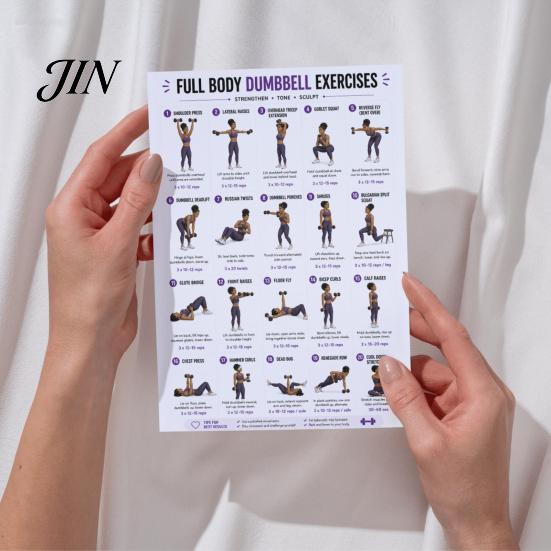 Beginner Friendly Fitness Guide 2 Pcs Dumbbell Workout Chart Poster, Full Body Exercise Routine for Women Wall Art, Strength Training Home Gym