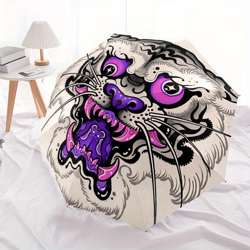 1pc Tiger Face Automatic Open/close Folding Compact Umbrella, 8-Rib Sturdy Canopy, Lightweight Portable, Everyday Use, Gift,116
