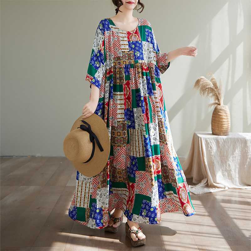 

Summer Printed Round Neck Shoulder and Sleeve Dress for Women One size