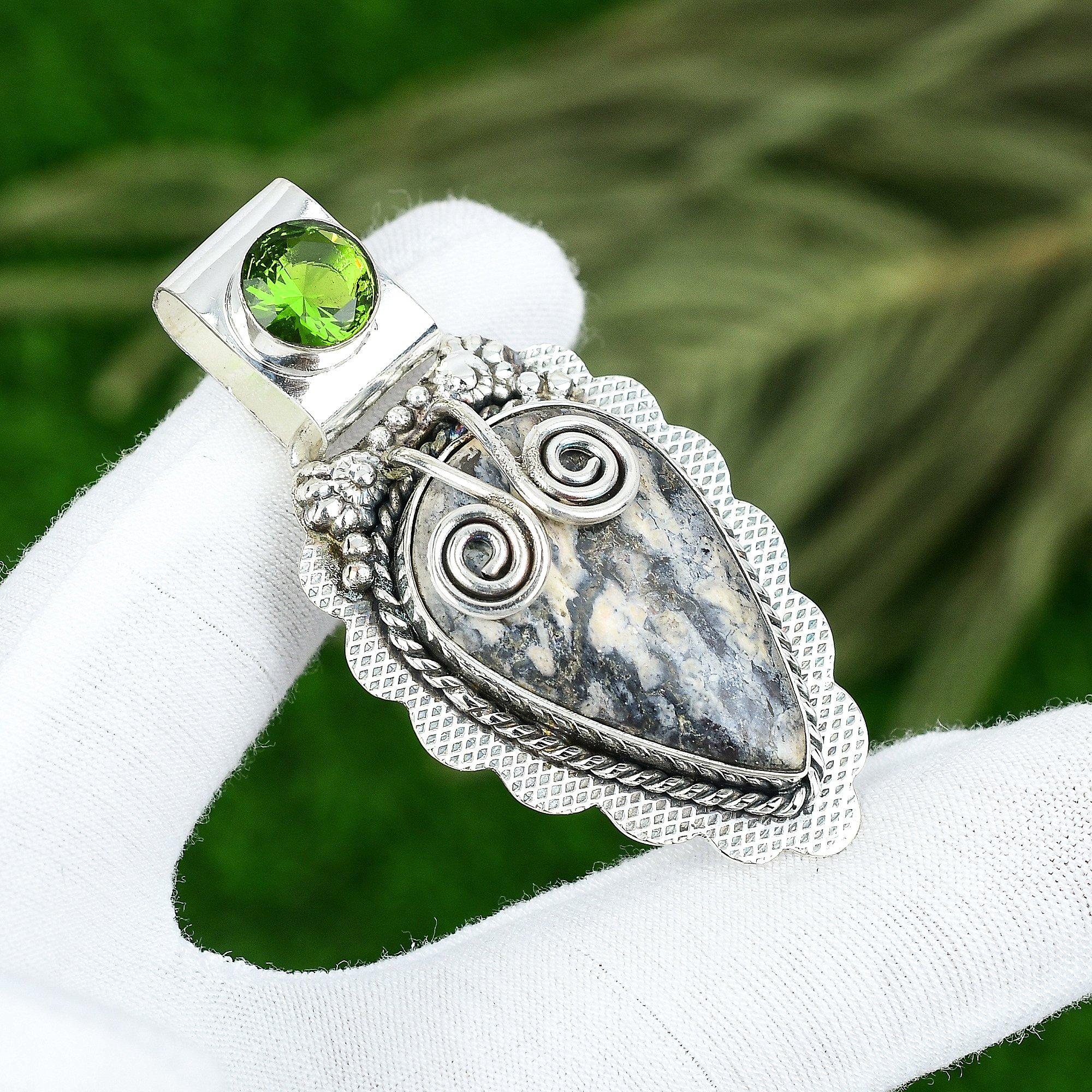 

925 Silver Pear Astrophyllite Gemstone Peridot Sister Art Deco Pendant Jewelry