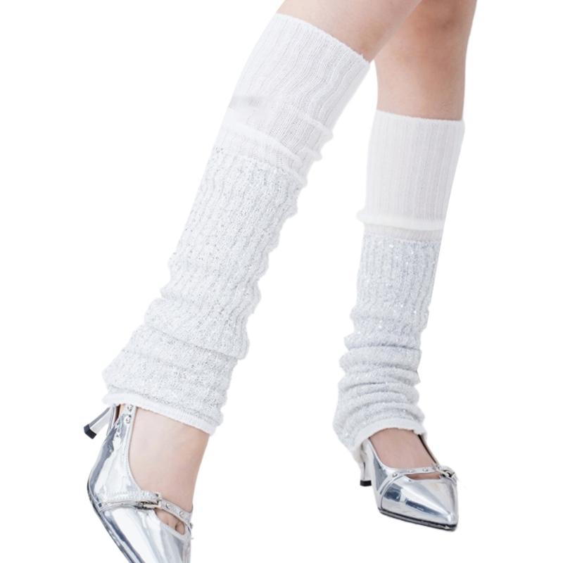 Womens Vintage Ribbed Knit Stretch Long Leg Warmer Party Dance Glitter Sequins Patchwork Solid Boot Socks Leg Cover