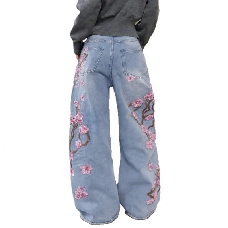 Dżinsy Damskie z Wysokim Stanem, Proste Nogawki, Luźny Krój, Haftowane, Styl Streetwear, Bawełna Bez Rozciągliwości