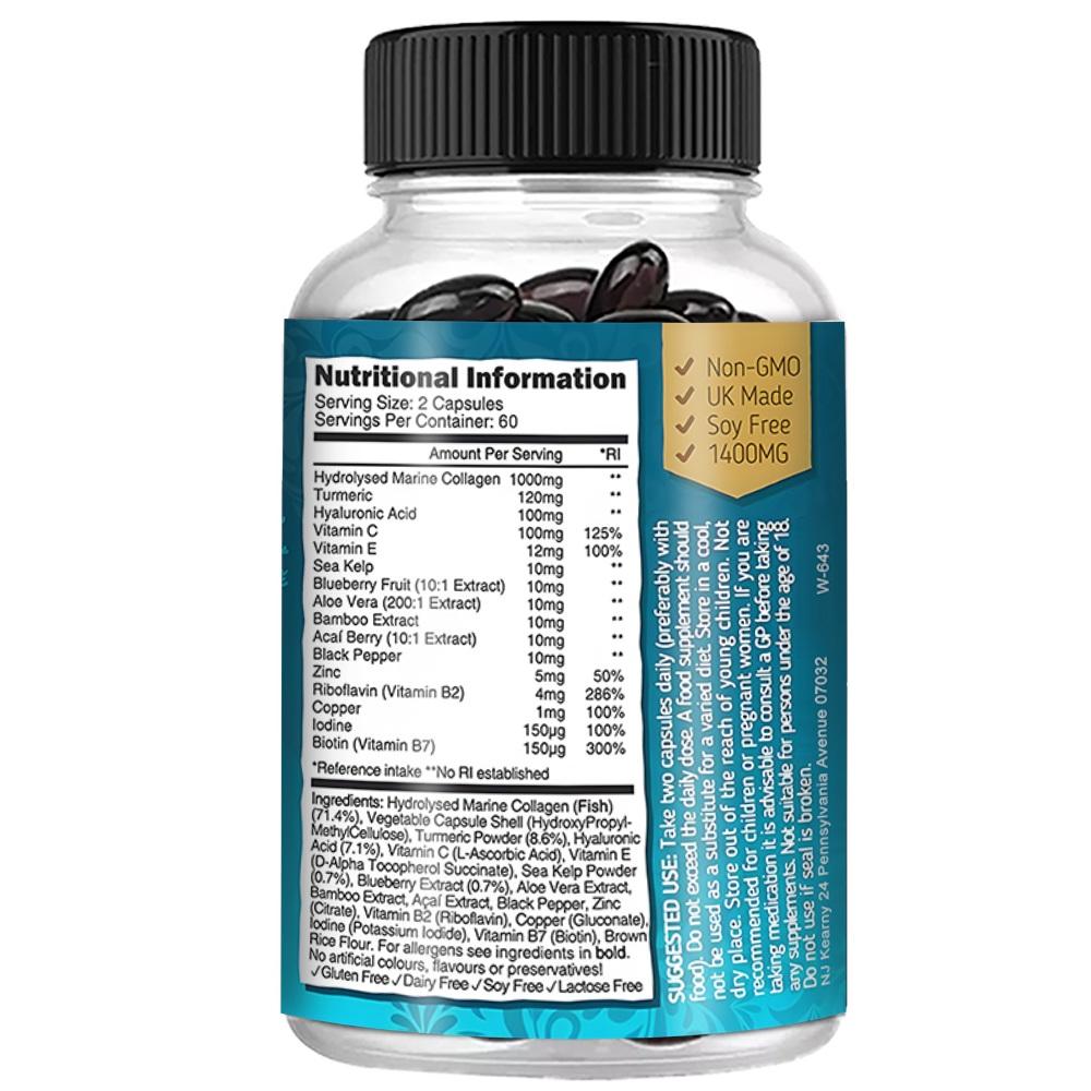 Bcuelov Marine-Kollagen Hydrolysat Kapseln, mit Seetang, Blaubeere, Kurkuma, Hyaluronsäure, Vitaminen C, E, B2, Biotin, 120 Kapseln