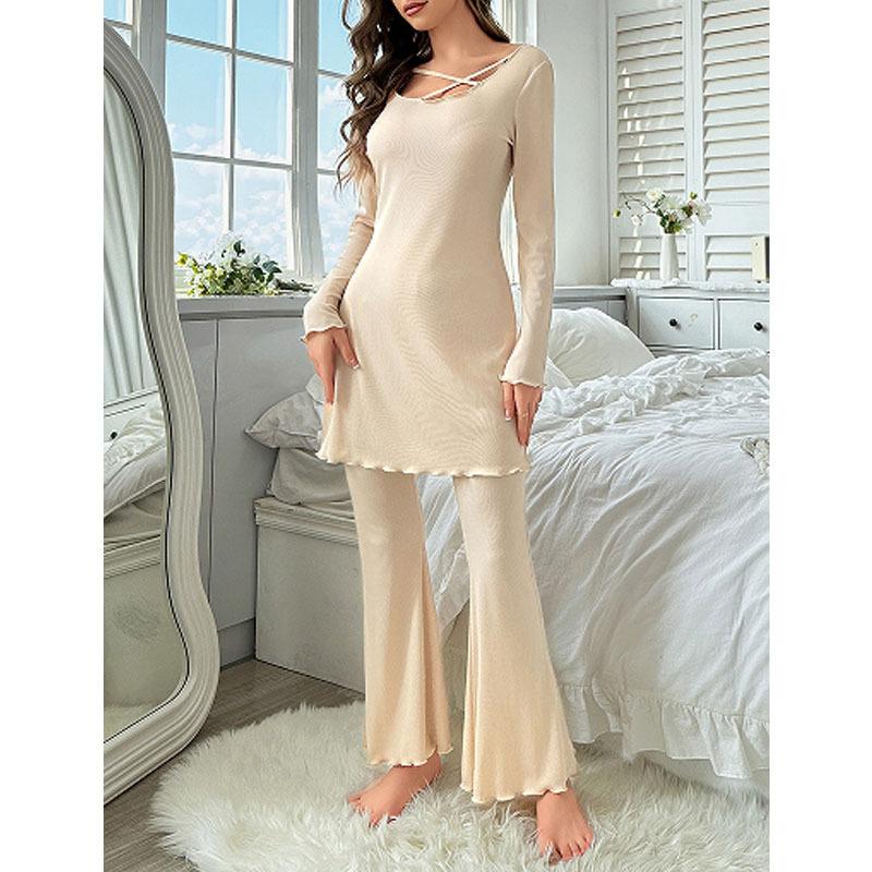 

Осенние новые пижамы с темпераментом, женский костюм со средним и длинным рукавом, высококачественная удобная домашняя одежда, можно носить на улице XL абрикосовый