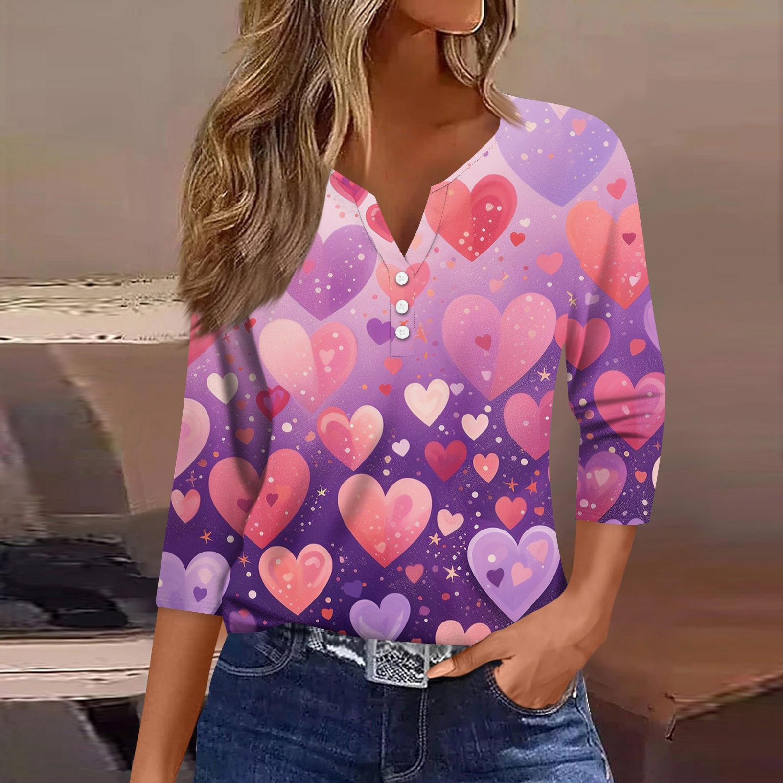 

Women s Fashion Button-Up V-Neck Three-Quarter Sleeve Valentine s Day Print Top S