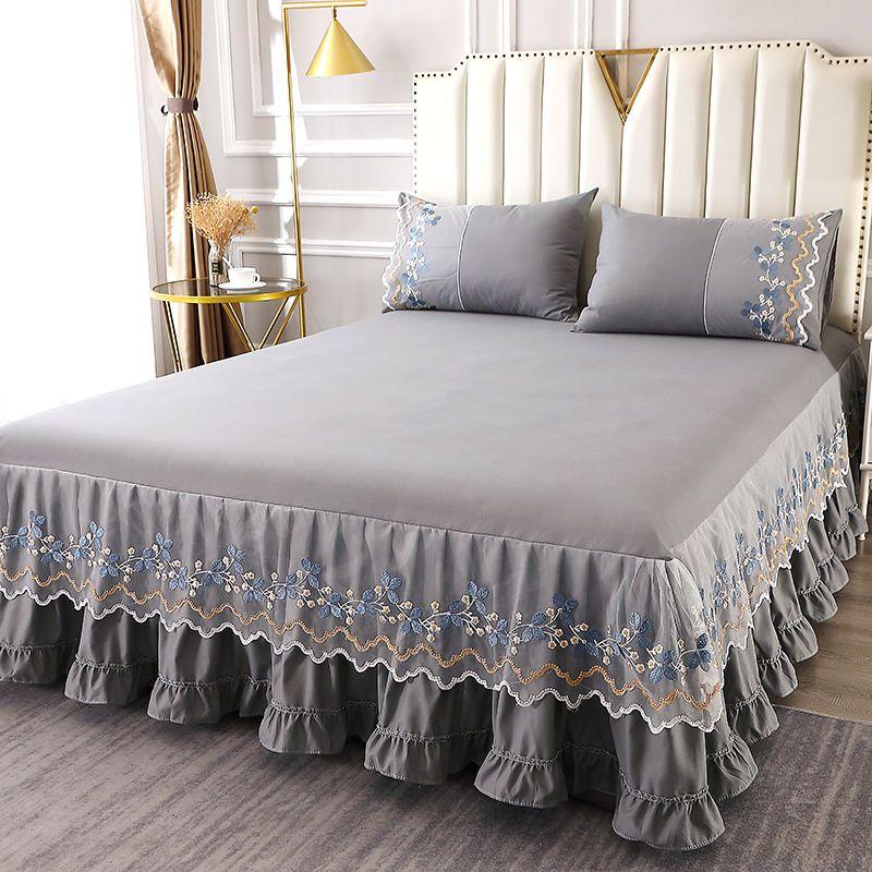 Solid Lace Embroidered Bedspread Mattress Protective Cover Polyester Bed Skirt Anti Slip and Dustproof Flounce Edge Bedsheet