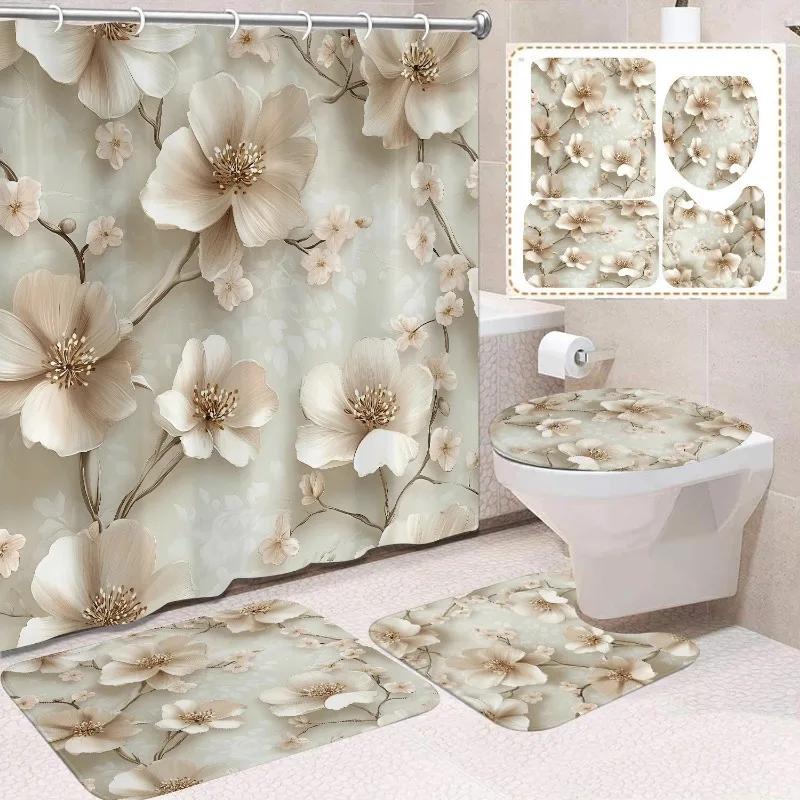 1/4 Stuks Waterdicht en schimmelbestendig Douchegordijn Luxe met Haak Douchegordijn met antislip mat U-vormige mat toiletdekselhoes