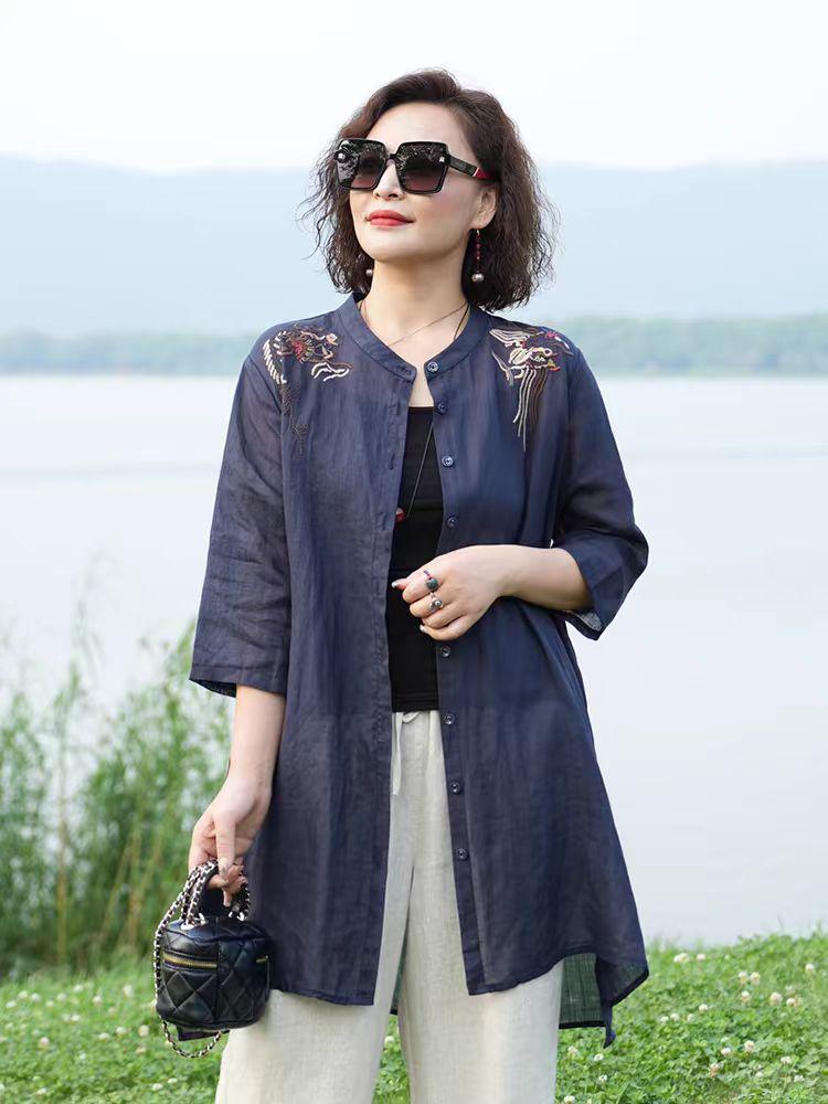 Summer 2024 Cotton Linen Embroidered Stand Collar Mid-Length Lightweight Sun Protection Cardigan Shirt