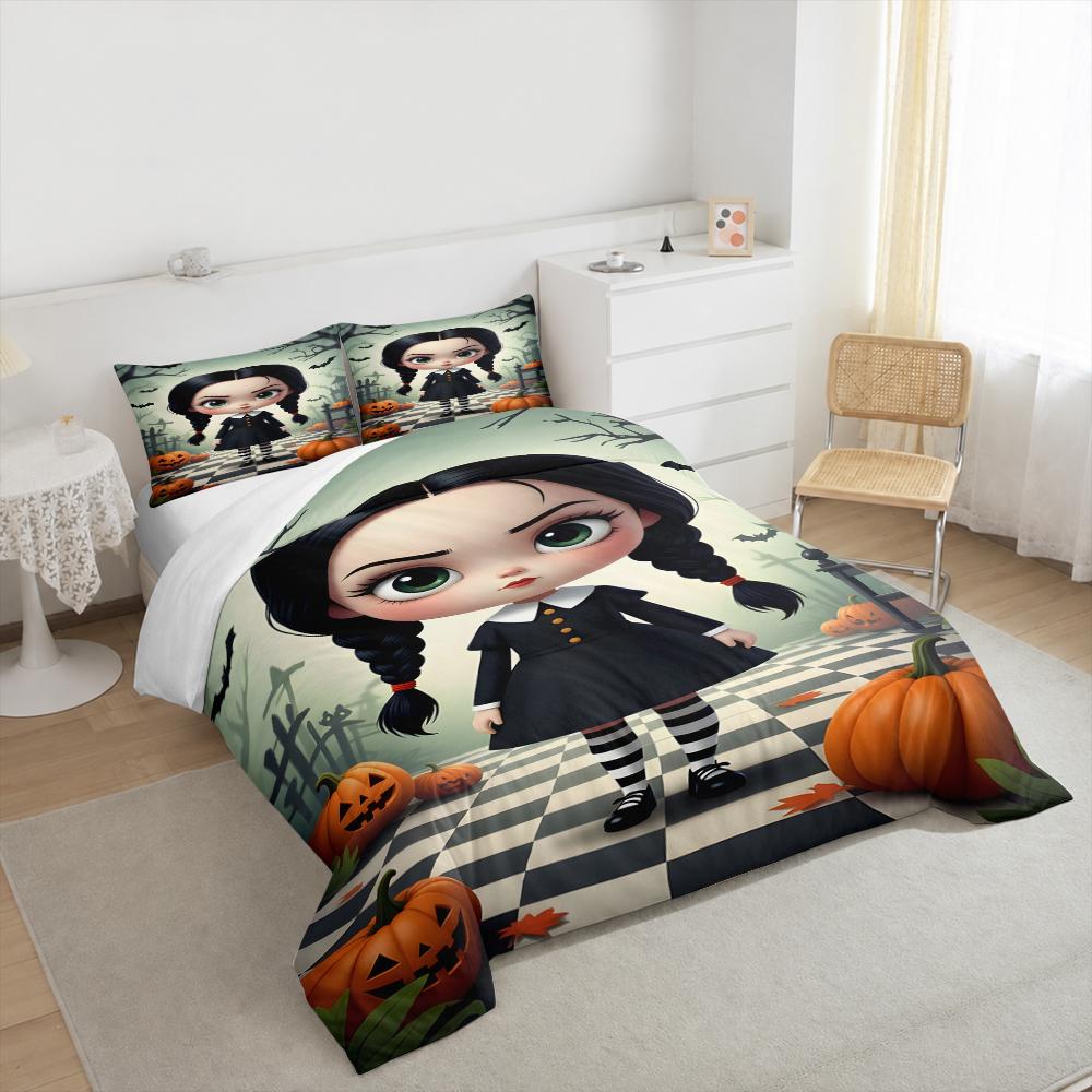 Duvet Cover Set Wednesday Addams Chibi Character Black Dress Braids Pumpkins Bats Graveyard Spooky Halloween Art Print for Adult Room Decor
