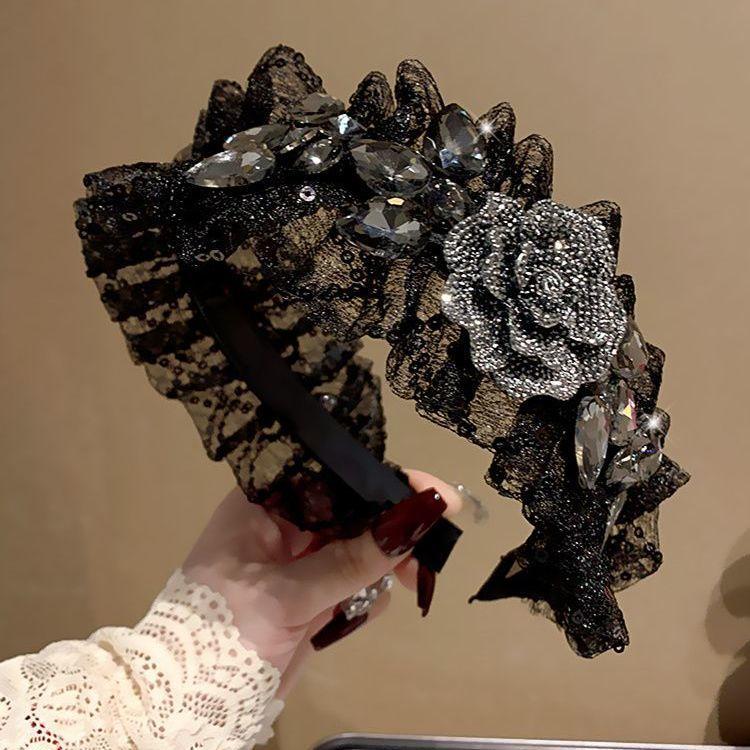 Luxury Korean Style Women Black Lace Hairband with Rhinestone Flower Headband Wide Edge Hair Clip Female Hairpin New Headwear