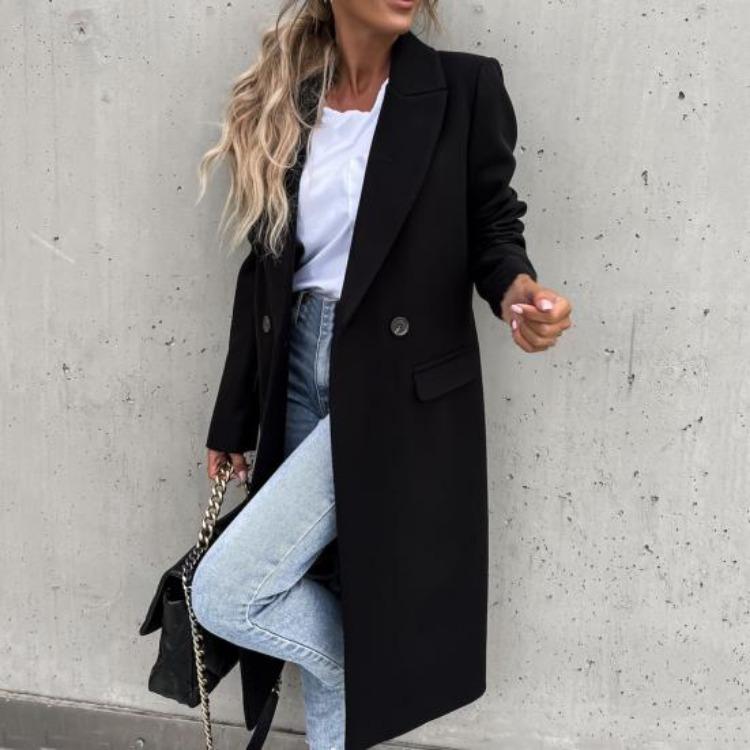 Elegant Long Blazer Suit for Women Office Winter Overcoat Button Placket Long Sleeve All Match Collar