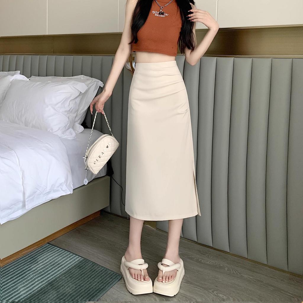 Gefalteter High-Waist A-Linien Bodycon Midi-Rock mit Schlitz für Damen 2025