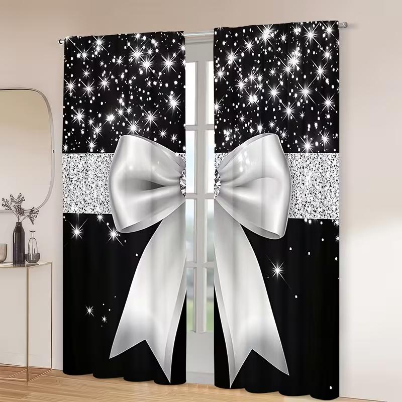 2 Pcs Crystal silver bow print curtains,suitable for bedroom,living room kitchen decoration,home decoration,window decoration