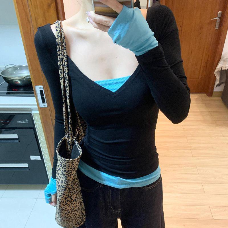 

Women s Spicy V-Neck Color Block Long Sleeve Two-Piece Slimming Shirt S