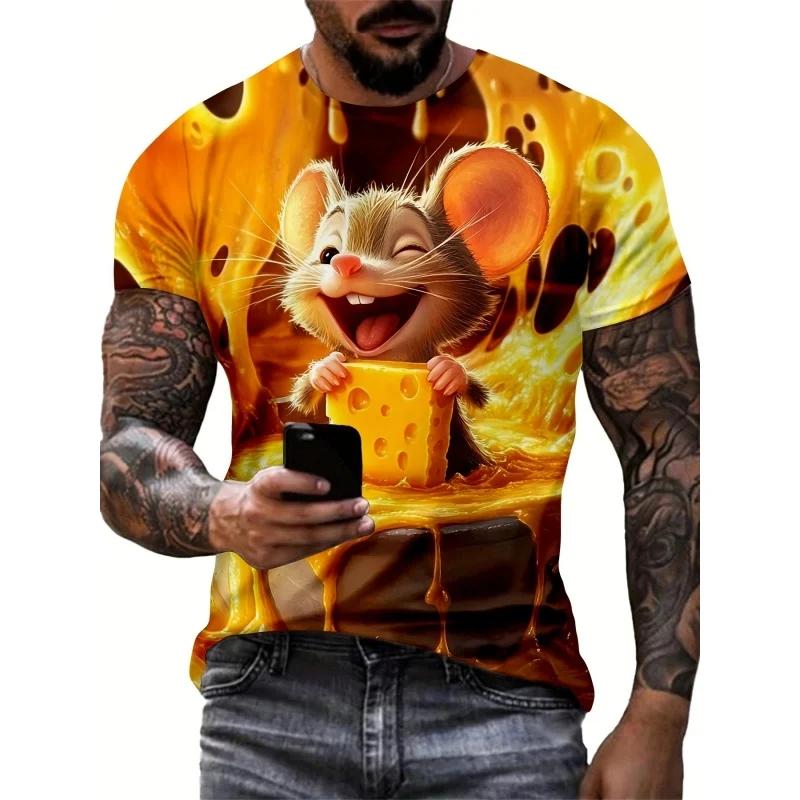 3D Printed Mouse Cheese Raccoon T-Shirt For Men Cartoon Animal Pattern Tees Summer Loose Round Neck Tops T Shirts Short Sleeves