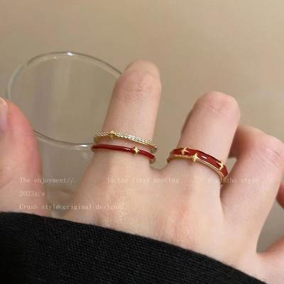 Double Stacked Red Star Hollow Ring for Women, Autumn and Winter New Year, Natal Year Adjustable Ring, Personalized Index Finger Ring