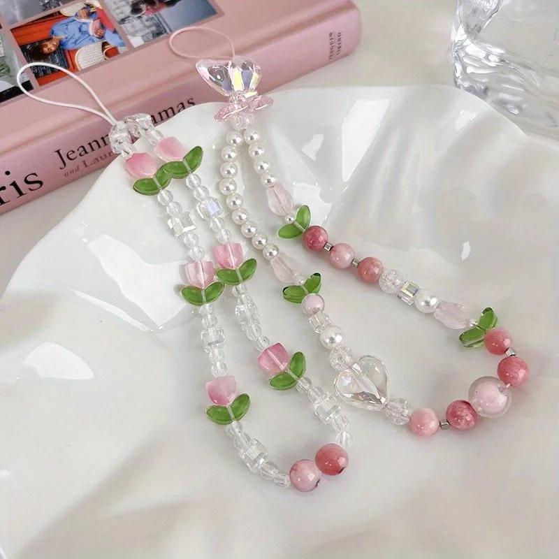 Süße Pfirsich Perlen Handy-Anhänger Kette, Schmuck für süße Mädchen, Perlen Handy Blumen Lanyard für iPhone Schlüsselanhänger