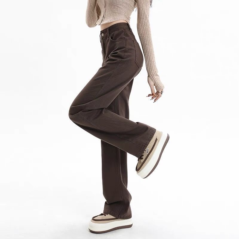 Women's American Vintage Coffee Brown Slim Straight Jeans High Waist Loose Slimming Casual Streetwear Spring Autumn