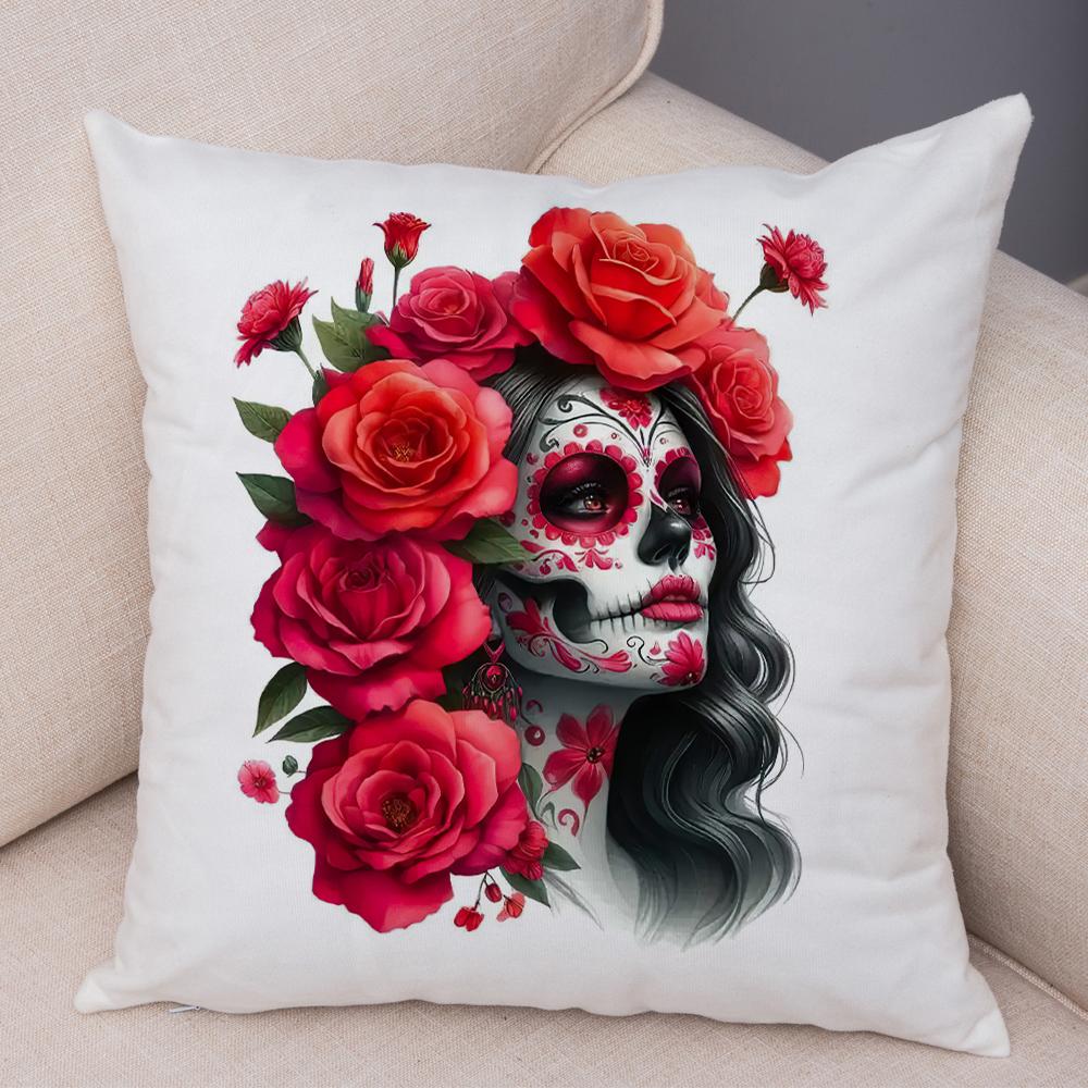 Vibrant Dahlia Sugar Skull Pillowcase Double Print Red Rose Skull Cushion Cover Soft Plush Pastel Floral Skull Pillowe Case