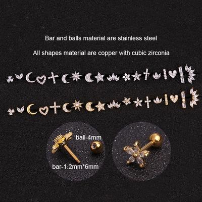 Cross Crown Moon Star Unique 1PC Exquesite Helix Piercing Tragus Flower Heart Stud Earring Wedding Party Zircon Golden Silver Women Girls  Handmade