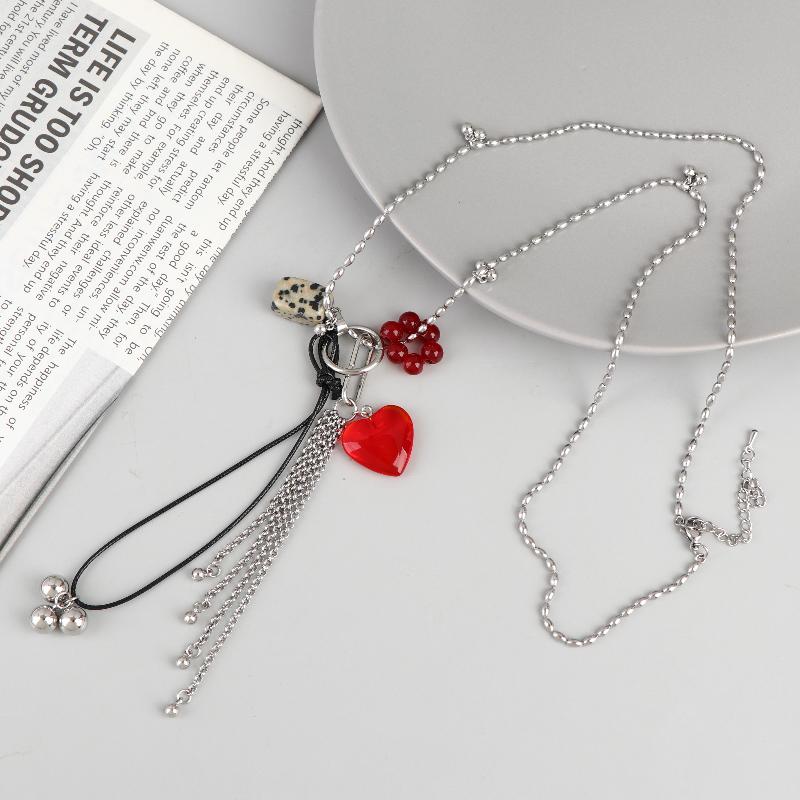 Colorful  Heart Tassel Pendant Necklace For Women Girls Spotted Squares Charm Long Chain Neck Jewelry Gift